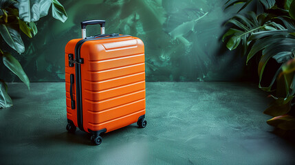 Lush orange luggage ready for going travel on green background, with copy space, bright color backgrounds.