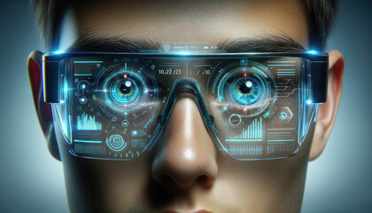 close-up of a person's eyes looking through smart glasses displaying futuristic augmented reality (AR) interfaces. The glasses are transparent