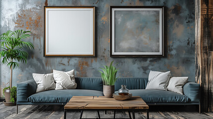 Two frames hanging on a rough concrete wall mockup.