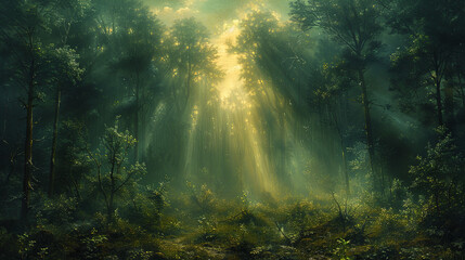an oil painting reminiscent of the deep, dark forests by Caspar David Friedrich, portraying...