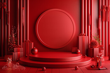 Red monochromatic stage with various geometric shapes and Christmas decorations. Festive holiday display concept for product showcase and advertisement. Studio shot with place for text.