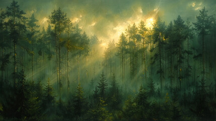 an oil painting reminiscent of the deep, dark forests by Caspar David Friedrich, portraying towering trees and misty undergrowth, with a somber color temperature of muted browns and greens, faces - obrazy, fototapety, plakaty