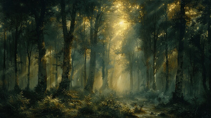 an oil painting reminiscent of the deep, dark forests by Caspar David Friedrich, portraying...