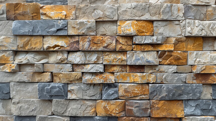 Rock stone brick tile wall aged texture detailed pattern background in yellow cream beige color.