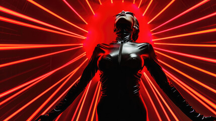 Woman in a beautiful latex suit on a black and red background - 762360783