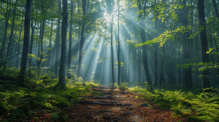 Fototapeta premium forest - fresh leaves and sun rays.