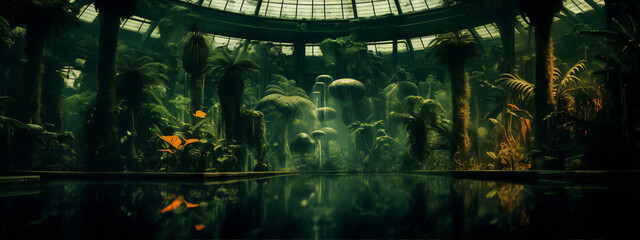 Surrealism painting of a botanical garden with overgrown plants and a reflective pool.
