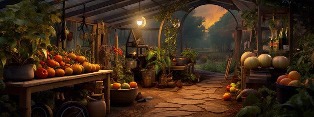 A greenhouse with a variety of plants and vegetables in a rustic setting with warm lighting.