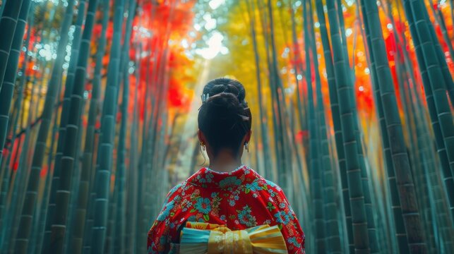 Asian woman wearing japanese traditional kimono at Bamboo Forest