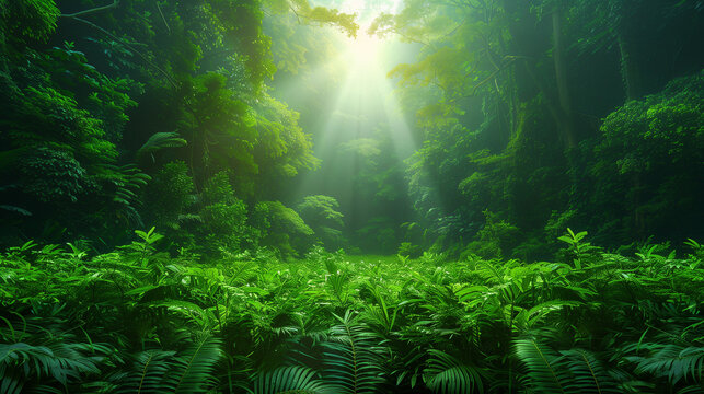 Deep tropical jungles of Southeast Asia, green trees tunnel extra wide background banner.