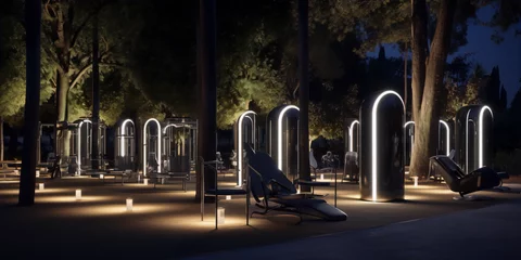 Fotobehang Futuristic outdoor gym with glowing exercise machines in a park at night © AaliAmin
