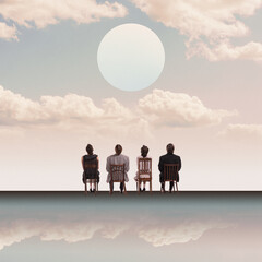 Group of people, men and women in retro clothes sitting on chairs and looking on light cloudy sky...