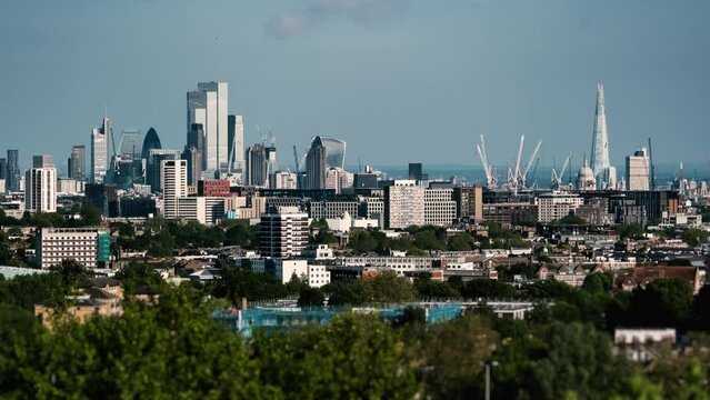 Timelpase of London skyline modern skyscrapers view from Hampstead Heath