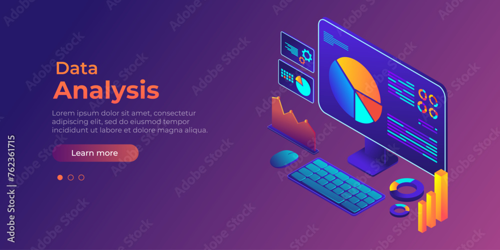 Wall mural isometric concept of data analysis. digital financial reporting, seo, marketing. landing page templa