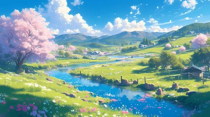 Landscape with lake and mountains; Beautiful spring landscape; The river flows from the mountains with a beautiful sky full of clouds