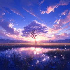 Sunset over the lake during spring; Blossomed violet/purple tree in the meadow; Beautiful landscape; Cloudy sky