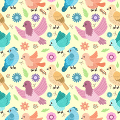 Cute birds spring or summer background with flowers and leaves on a light background. Vector
