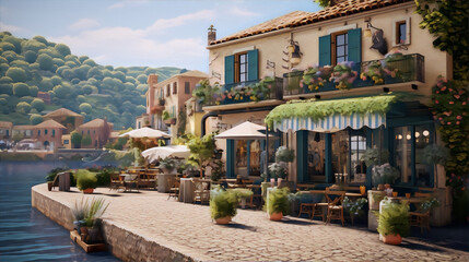 Naklejka premium A beautiful Mediterranean coastal village with colorful buildings, lush greenery, and a sparkling blue sea.