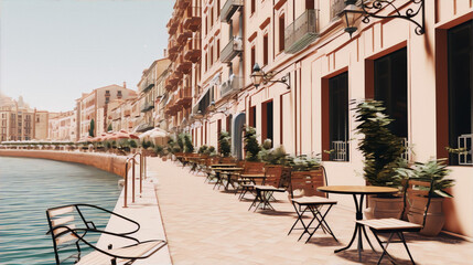 Obraz premium Cityscape with a canal, buildings, and outdoor seating at a cafe with a pink color palette