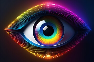 Rainbow eye 3d icon  on a gradient background.   element of graphic design for banner, poster.  Retro psychedelic minimalistic abstract icon, 70s, 80s vintage style.