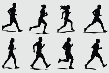 Run. Running men and women, vector set, Black silhouettes of running on a white background, Group of men and women runners,