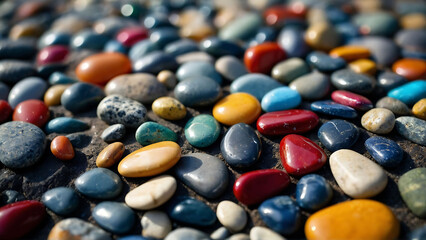 Flat smooth river pebble stones texture, Rock wall, Colorful stone background. A close up of a bunch of rocks and pebbles