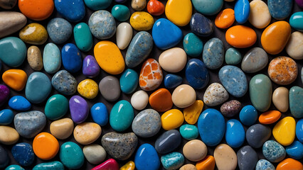 Flat smooth river pebble stones texture, Rock wall, Colorful stone background. A close up of a bunch of rocks and pebbles