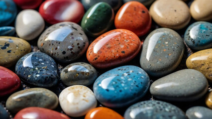 Flat smooth river pebble stones texture, Rock wall, Colorful stone background. A close up of a bunch of rocks and pebbles