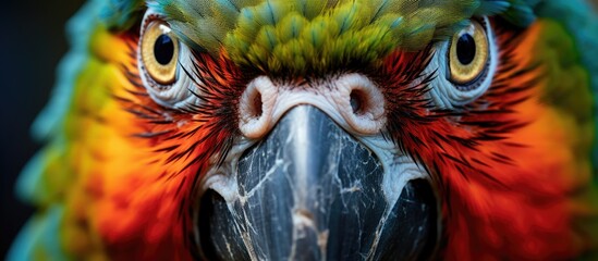 A closeup portrait of a vibrant parrots face, featuring its colorful beak and expressive eyes, captured in an artistic painting of wildlife - obrazy, fototapety, plakaty