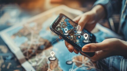 Connected Journeys Navigating the World with Technology Hands using smartphone to plan travel route with virtual location pins and icons