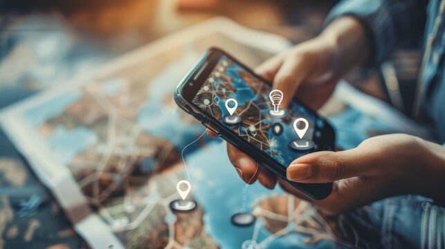 Connected Journeys Navigating the World with Technology Hands using smartphone to plan travel route with virtual location pins and icons