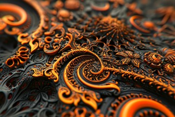 Luxurious Orange black flower ornate elegance. Drop detail. Generate AI - 762362739