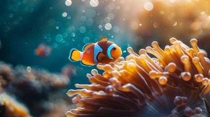 Cute anemone fish playing on the coral reef - obrazy, fototapety, plakaty
