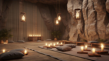 Cave room interior, stone and wood materials, warm lighting, candles and pillows, relaxation and meditation concept