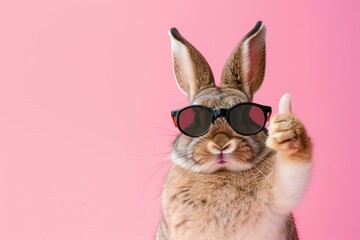 Thumbs Up Bunny: Easter Rabbit Wishing Happy Easter - Celebration, Holiday, Cheerful, Cute, Joyful, Pink Background, Isolated, Greeting