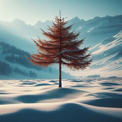 Lonely isolated tree sits on snowy hill top on clear day
