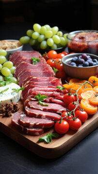 Сharcuterie board, plate for meat delicacies, appetizers of sausages, cheese and fruit with wine.