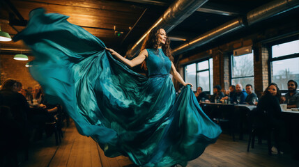 Image of a woman in a blue dress dancing in a room with brick walls and wooden beams.