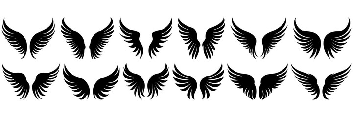 Angel wings silhouettes set, large pack of vector silhouette design, isolated white background
