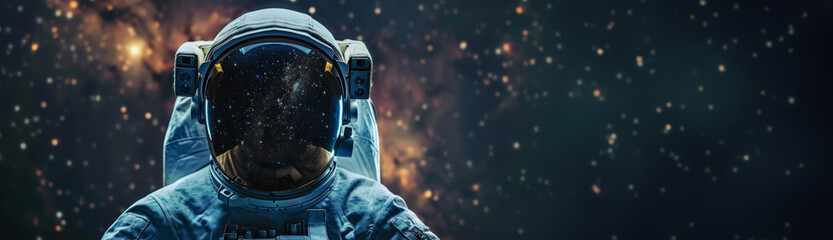 Portrait of an astronaut and space view mirroring on the helmet. Banner for International Day of Human Space Flight with copy space - obrazy, fototapety, plakaty