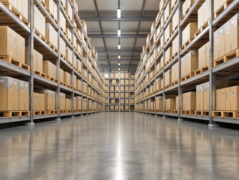 Symmetrical view of a large, organized warehouse aisle filled with neatly arranged cardboard boxes on metal shelving.