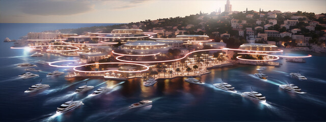 Obraz premium Futuristic floating city with yachts in the marina 3D rendering.