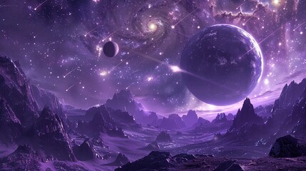Purple space landscape with planets and starry sky, meteors and mountains