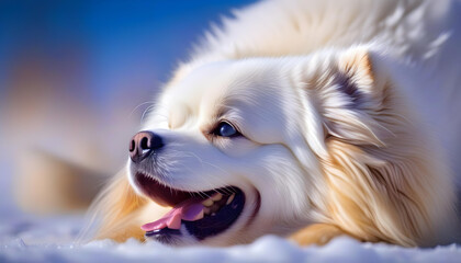 A close-up photo of a Pyrenean mountain dog with a deformed face and intense expression