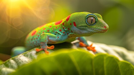 Obraz premium Beautiful color madagascar giant day gecko on dry bud