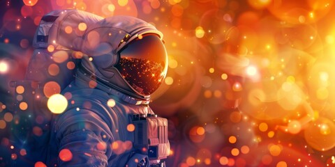 Astronaut in a spacesuit, colorful bokeh galaxy on the background, Illuminated by sunlight orange light. Banner with copy space