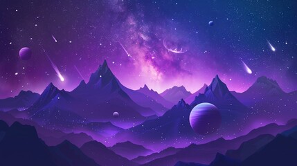 Purple space landscape with planets and starry sky, meteors and mountains