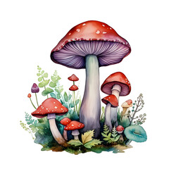 Clipart illustration, collection of funky mushrooms, leaves autumn and flowers on white background. Suitable for crafting and digital design projects.[A-0002]