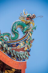 the statue of dragon on the roof of Leong San Tong Khoo Kongsi Penang. It is the largest Hokkien clanhouse in Malaysia with elaborate and highly ornamented architecture.