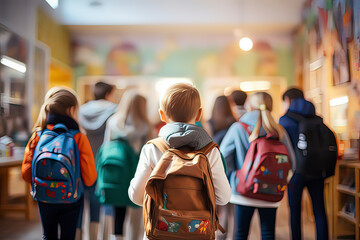 Elementary school students carrying backpacks in the classroom. AI technology generated image - obrazy, fototapety, plakaty